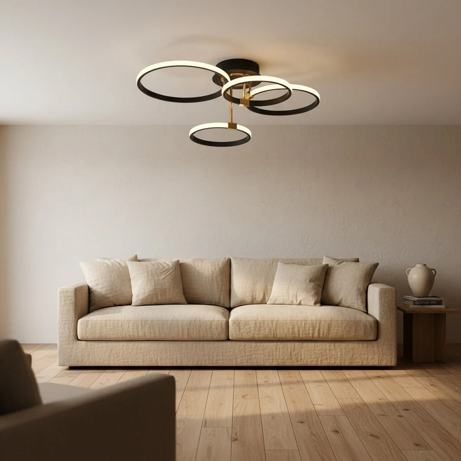 LED Ring Chandelier, 4 Black Rings, Dimmable with Remote, styled in a living room