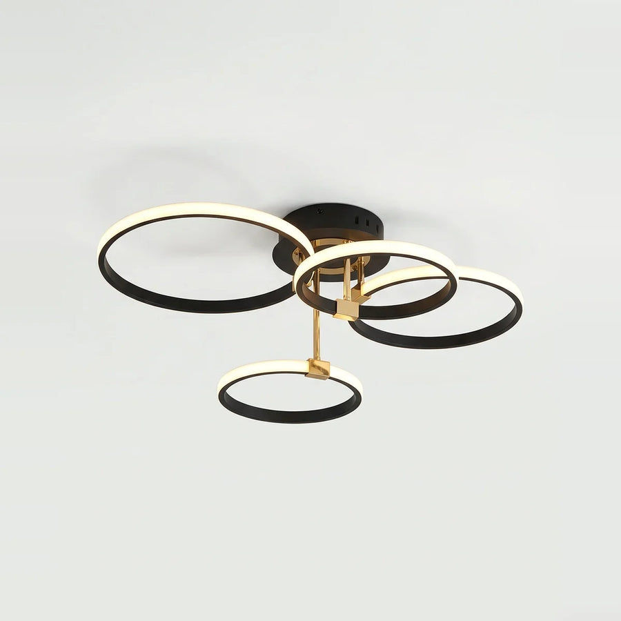 LED Ring Chandelier, 4 Black Rings, Dimmable with Remote, on a light background