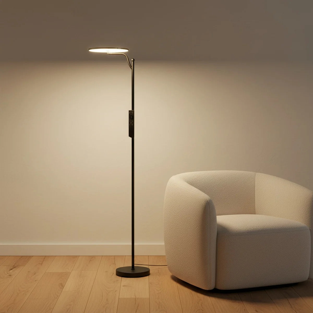 Black LED Torchiere Floor Lamp, 32W, Dimmable with Remote, styled in a living room