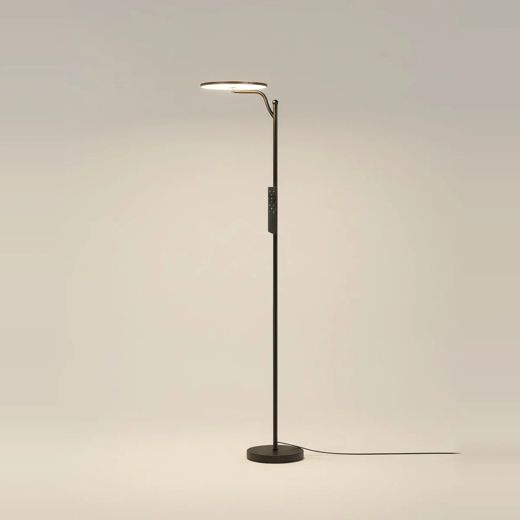 Black LED Torchiere Floor Lamp, 32W, Dimmable with Remote, on a light background