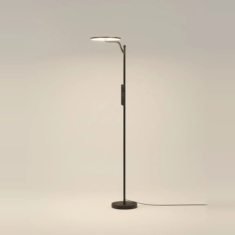 Black LED Torchiere Floor Lamp, 32W, Dimmable with Remote, on a light background