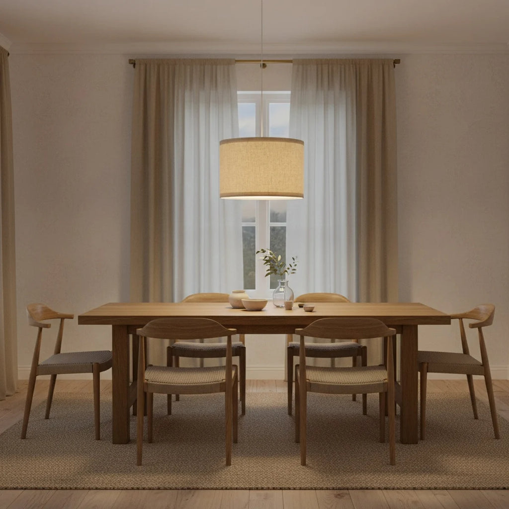 Beige Linen Drum Pendant Lampshade, 12 to 16 in, styled above a dining table