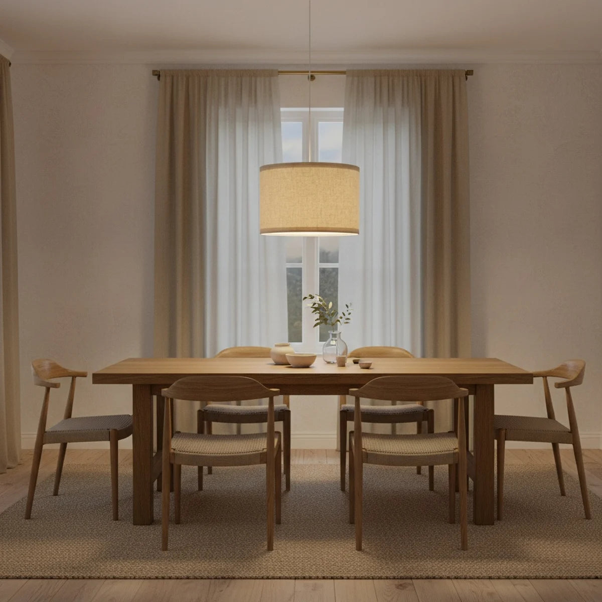 Beige Linen Drum Pendant Lampshade, 12 to 16 in, styled above a dining table