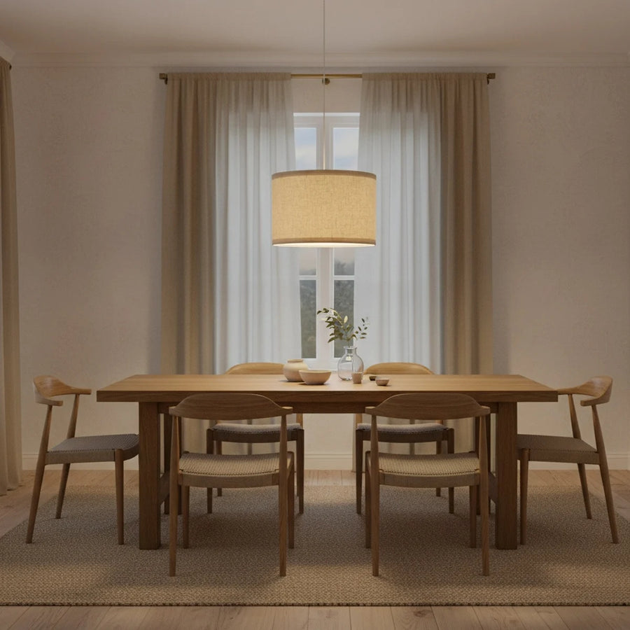 Beige Linen Drum Pendant Lampshade, 12 to 16 in, styled above a dining table