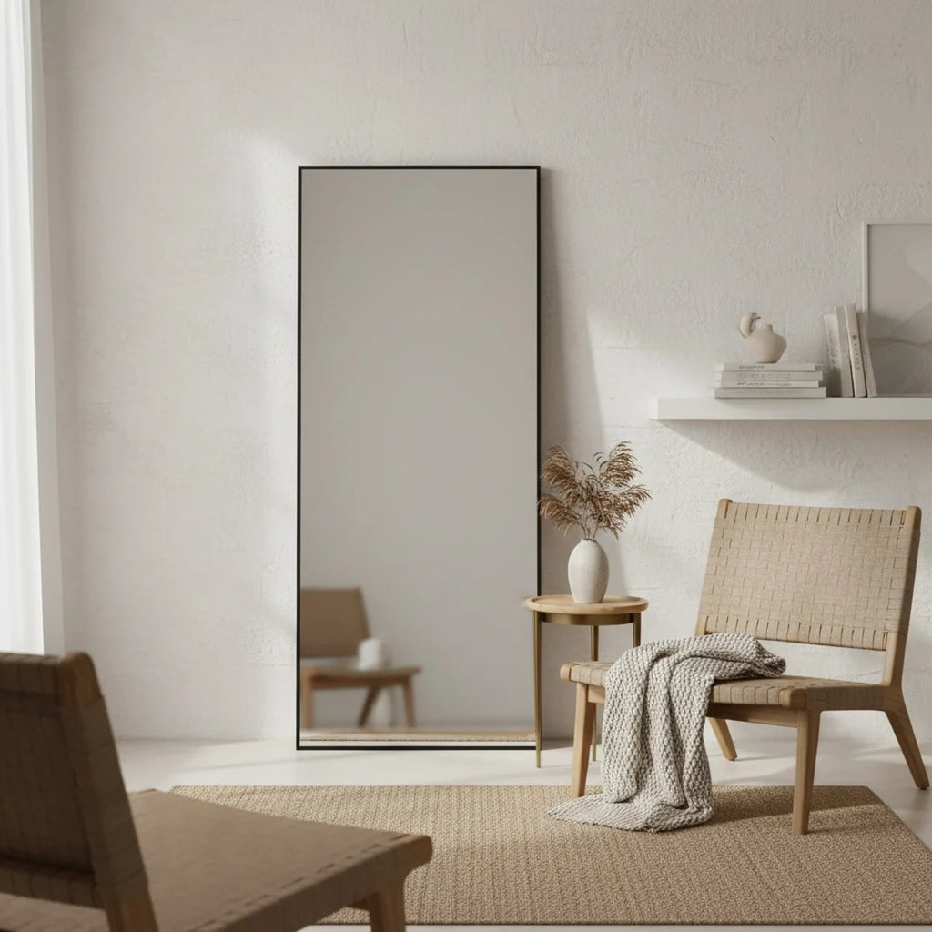 Long Black Mirror, 64.5 × 21 in Aluminum Frame, styled in a bright interior
