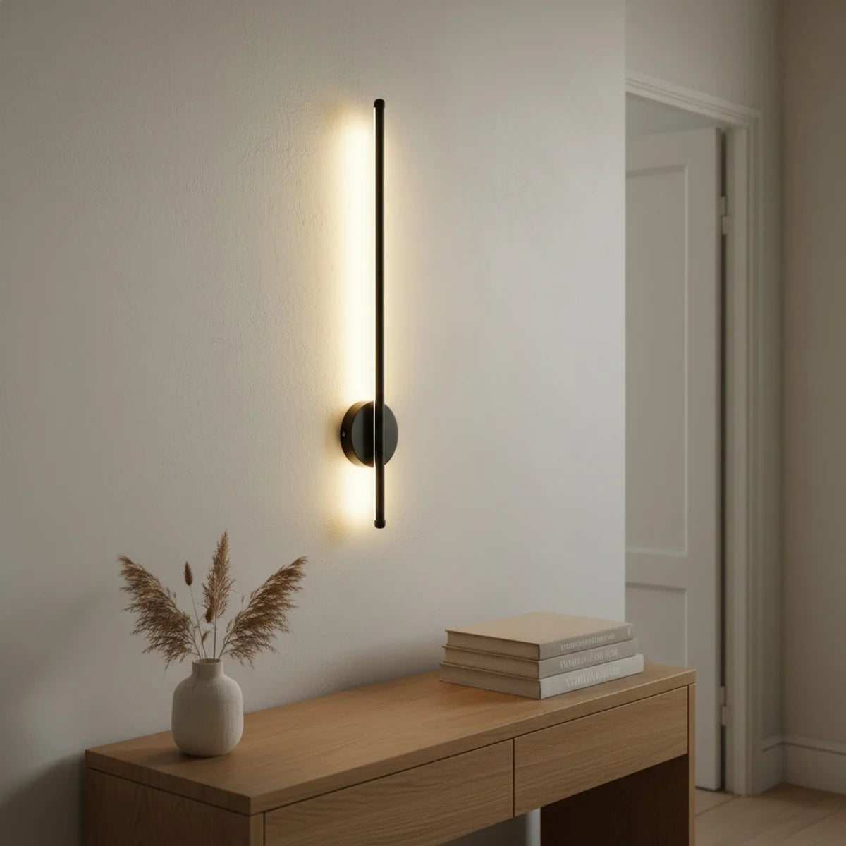Black Magnetic Wall Sconce, 20 in Rechargeable LED Light Bar with Remote, styled in a hallway
