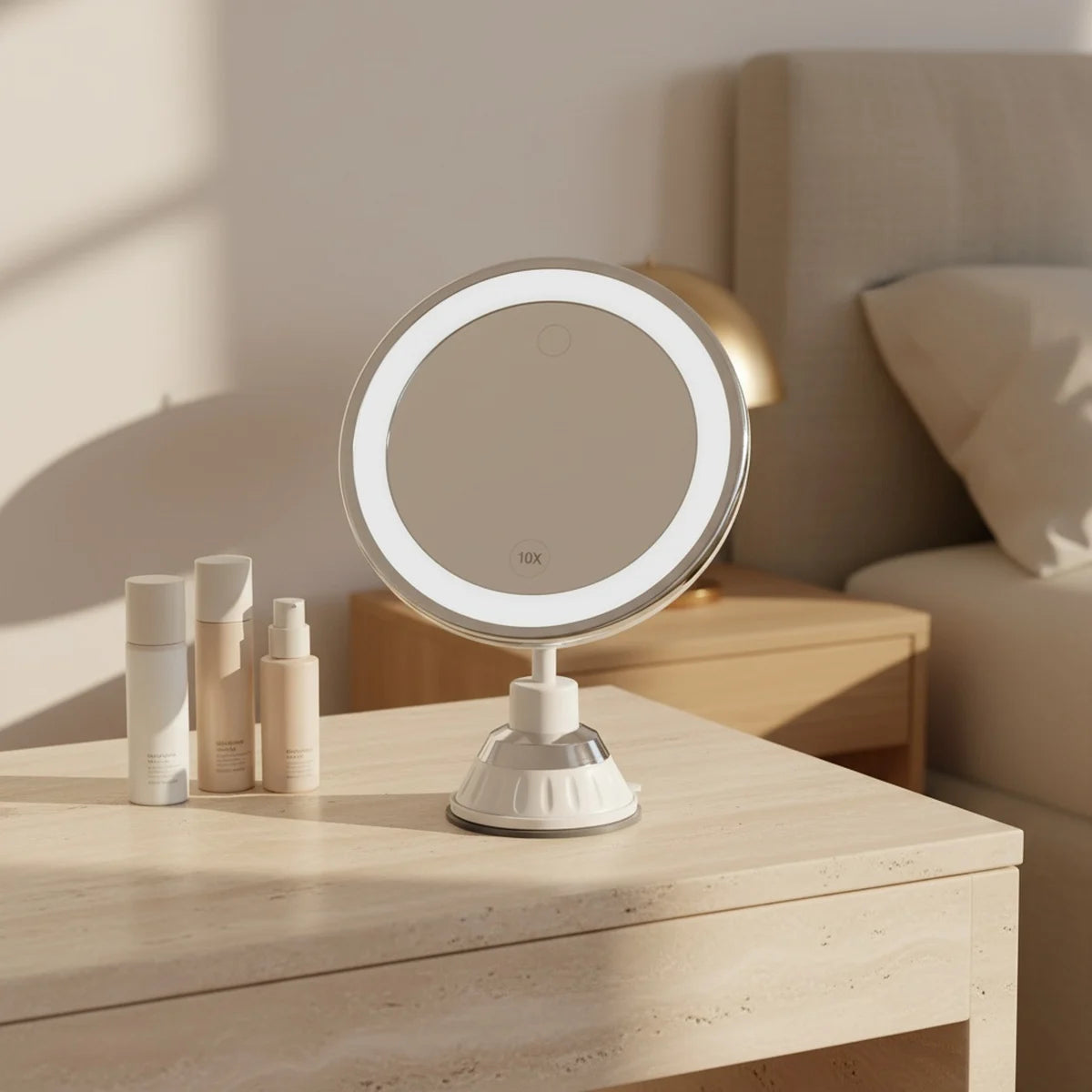 10x LED Magnifying Mirror with Suction Cups, 360° Rotation, styled on a vanity