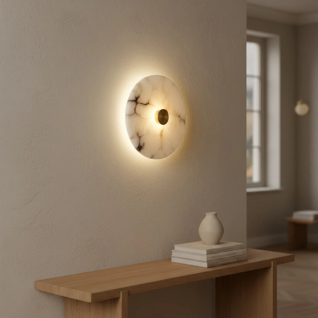 Art Deco Marble Sconce, Round with Brass, Warm LED, styled in a hallway