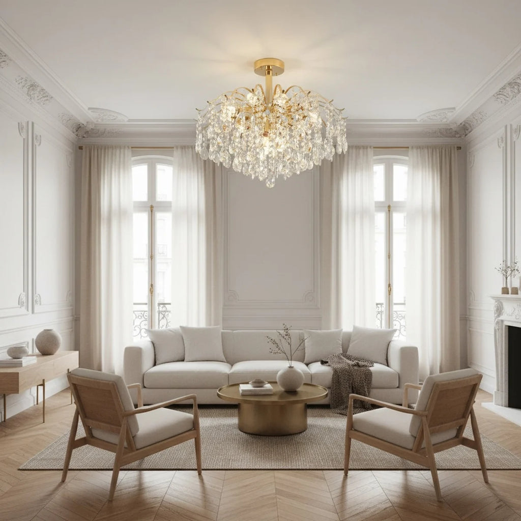 Modern Crystal Chandelier, 6-Light LED, Gold Frame, styled in a living room