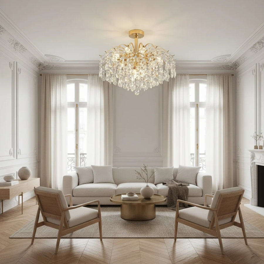 Modern Crystal Chandelier, 6-Light LED, Gold Frame, styled in a living room