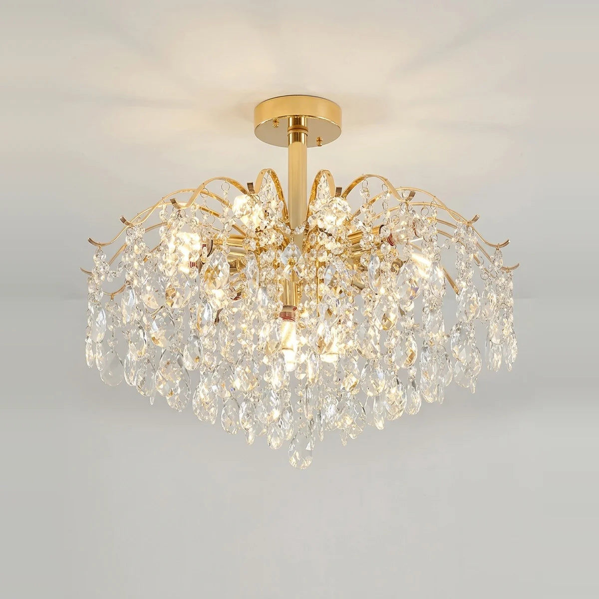 Modern Crystal Chandelier, 6-Light LED, Gold Frame, on a light background