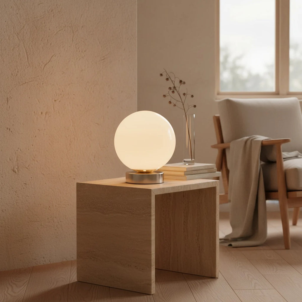 Globe Table Lamp, White Opal Glass on a Metal Base, 3 Light Tones, styled on a side table