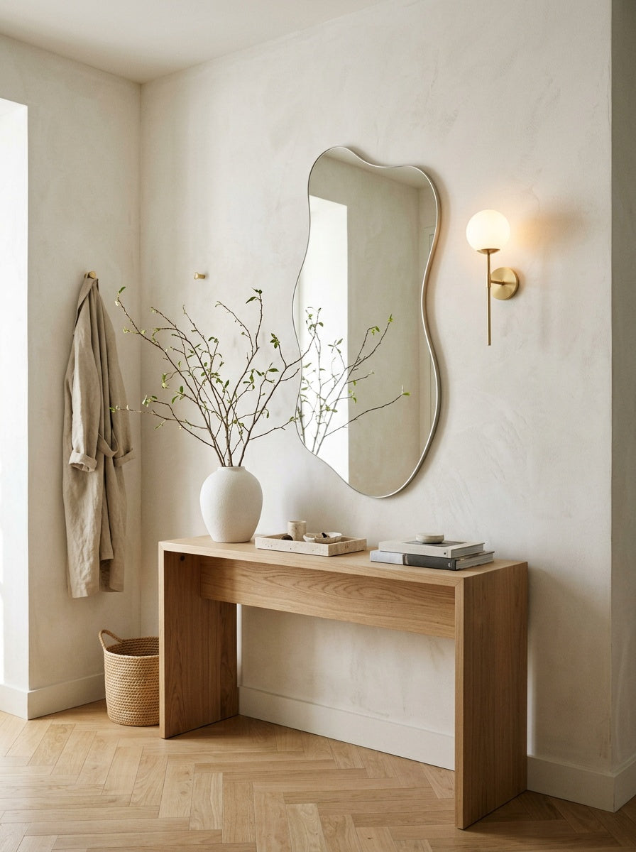 Entryway with a wavy mirror above a console and a lit wall sconce
