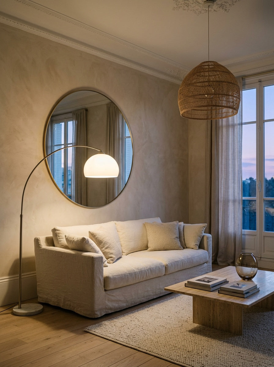 Living room with an arc floor lamp, a rattan pendant light and a large round mirror