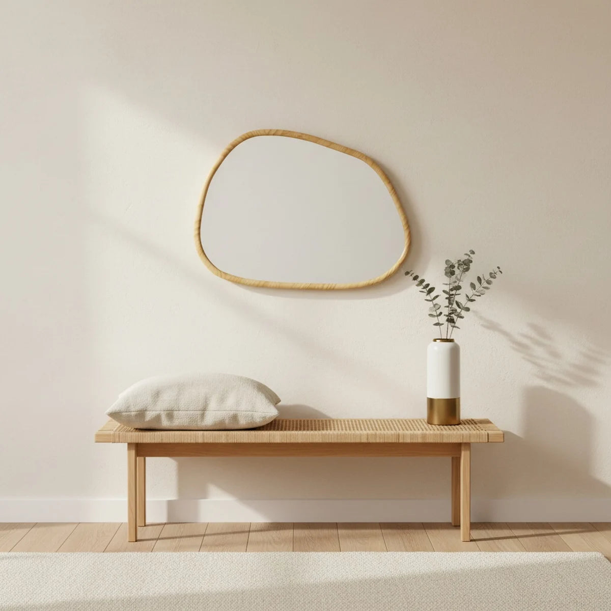 Organic Wood Mirror, Asymmetrical 31.5 × 23.5 in, styled in a bright interior