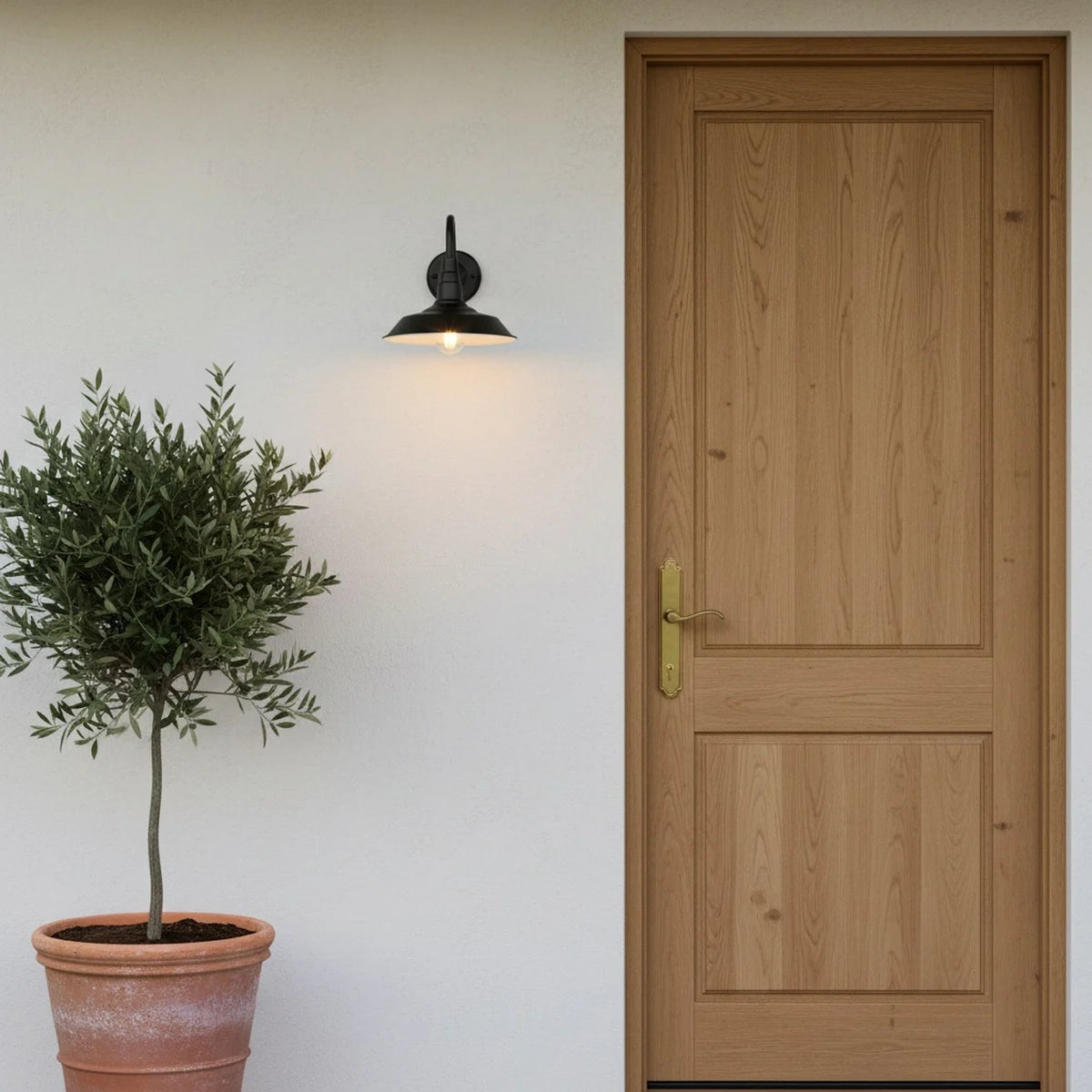 Black Outdoor Gooseneck Barn Light, E27 Base, styled on an exterior wall