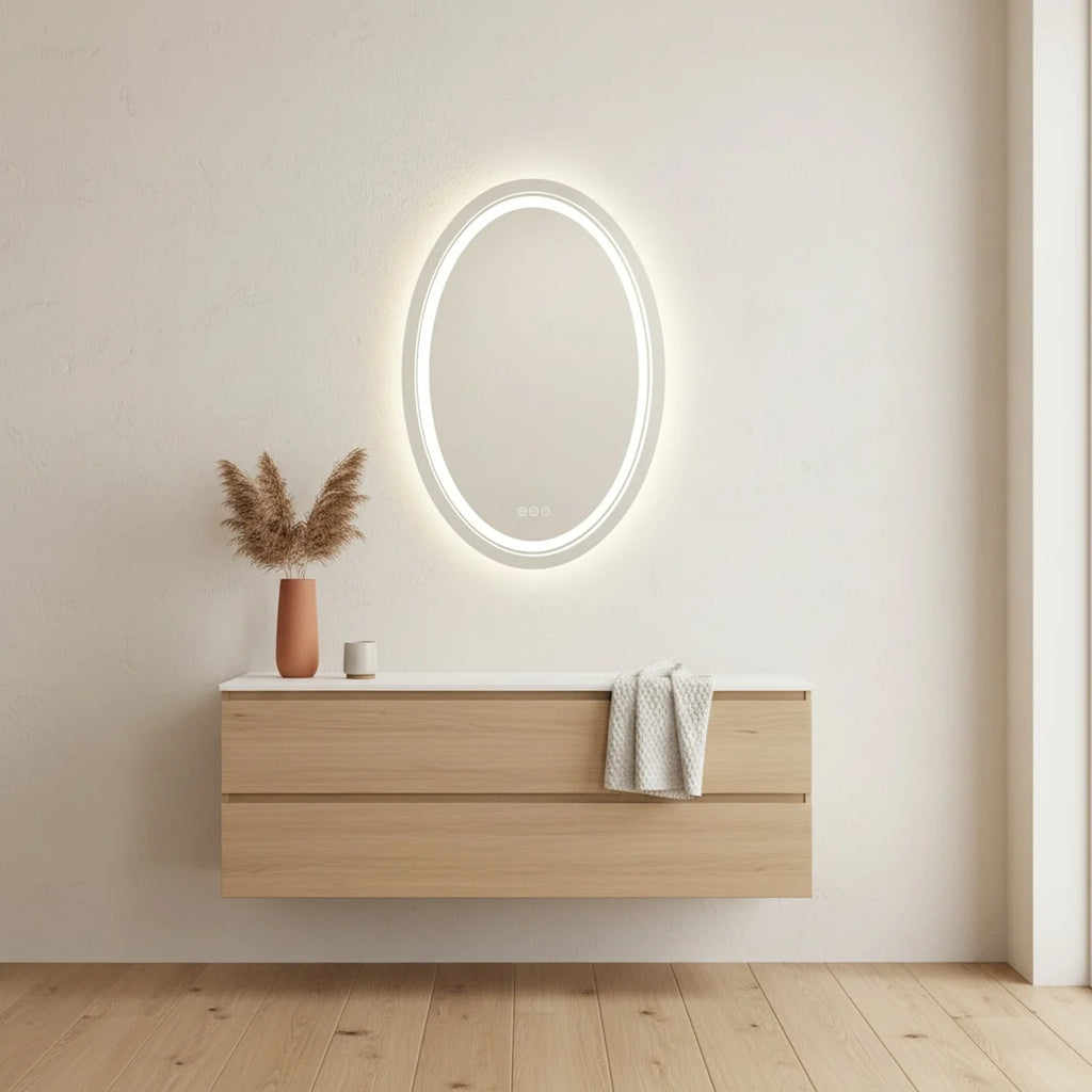 Oval LED Bathroom Mirror, Anti-Fog Backlit, styled in a bright interior