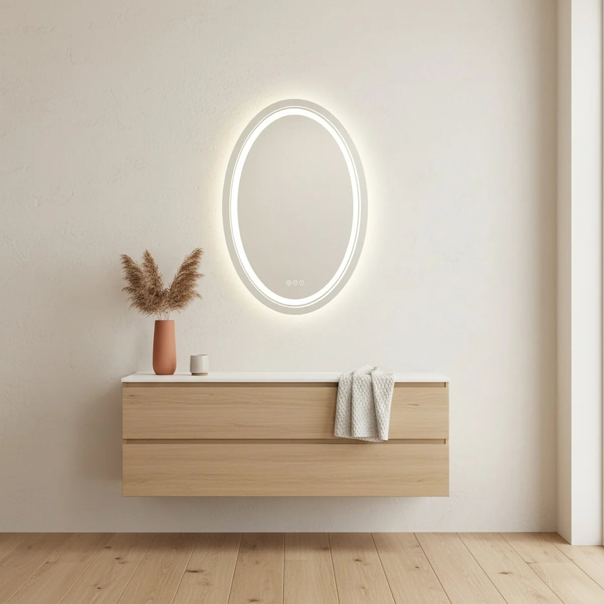 Oval LED Bathroom Mirror, Anti-Fog Backlit, styled in a bright interior