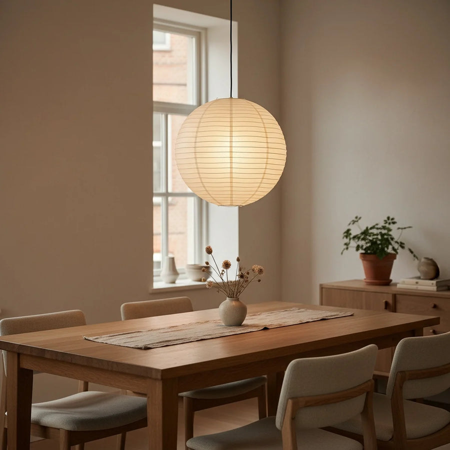 Paper Lantern Pendant Light, 16" Japanese-Style Ball, styled above a dining table
