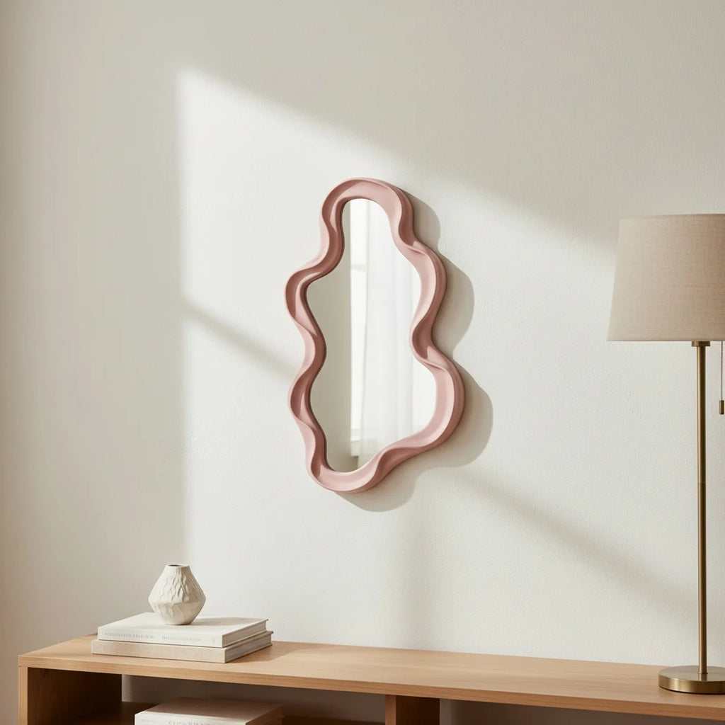 Small Pink Wavy Mirror, styled in a bright interior