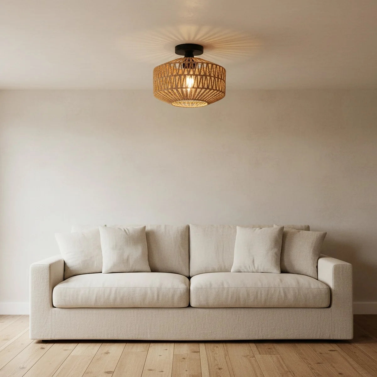 Rattan Ceiling Light, Hand-Woven Natural Flush Mount, styled in a living room