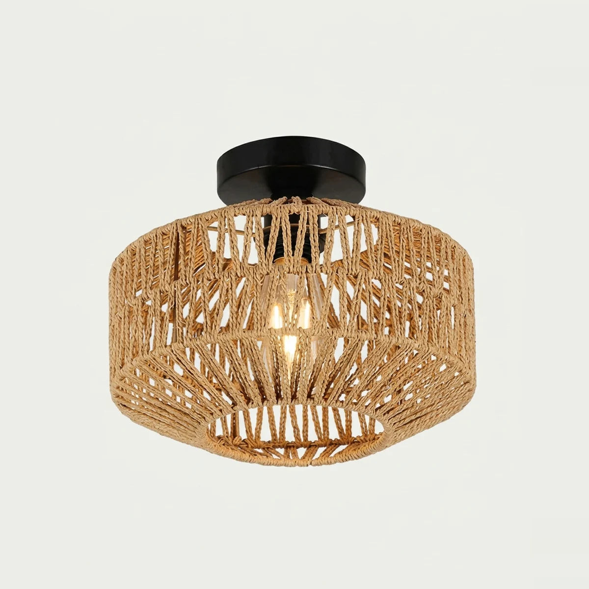 Rattan Ceiling Light, Hand-Woven Natural Flush Mount, on a light background