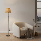 Rattan Floor Lamp with Hand-Woven Shade, Black Base, 55 in, styled in a living room