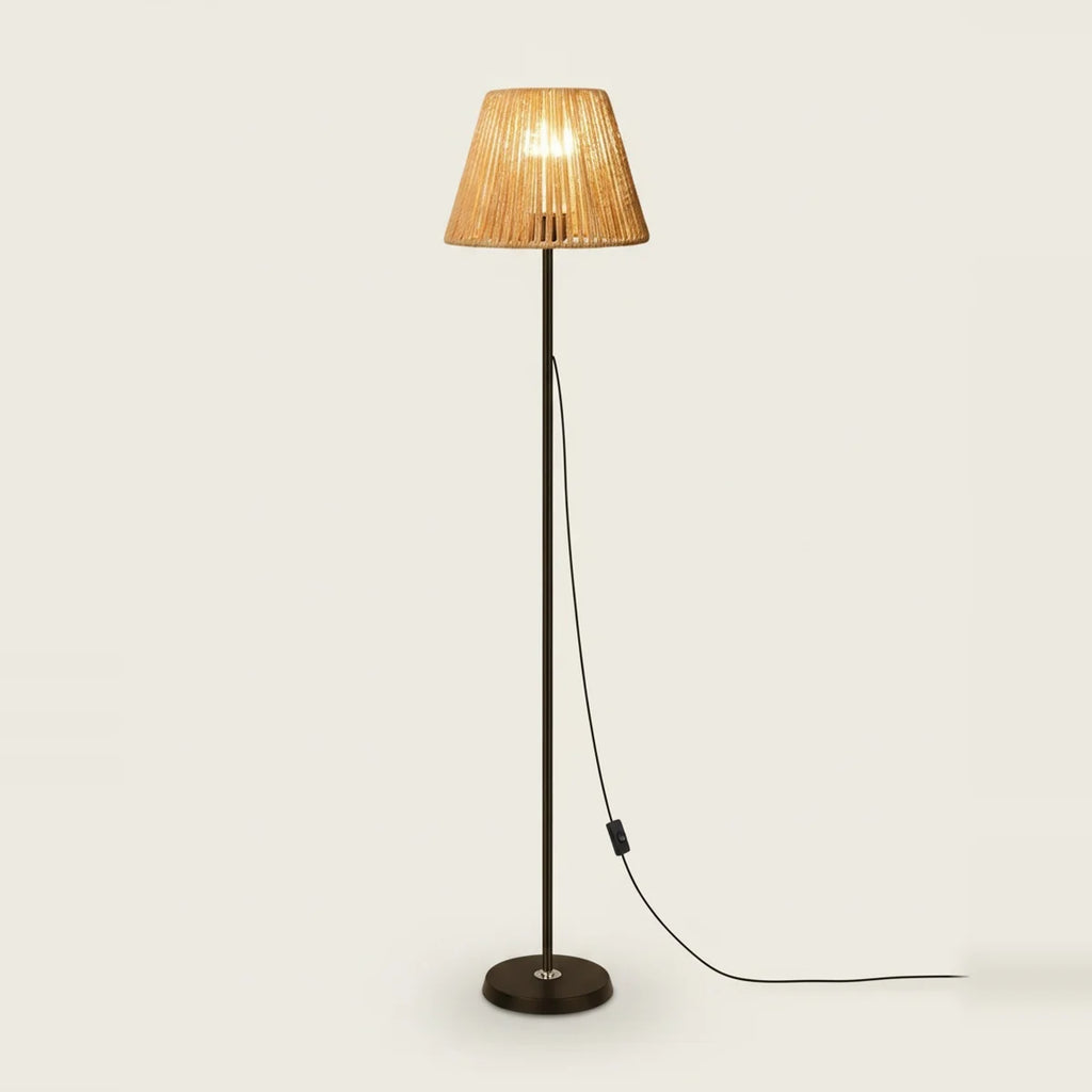 Rattan Floor Lamp with Hand-Woven Shade, Black Base, 55 in, on a light background