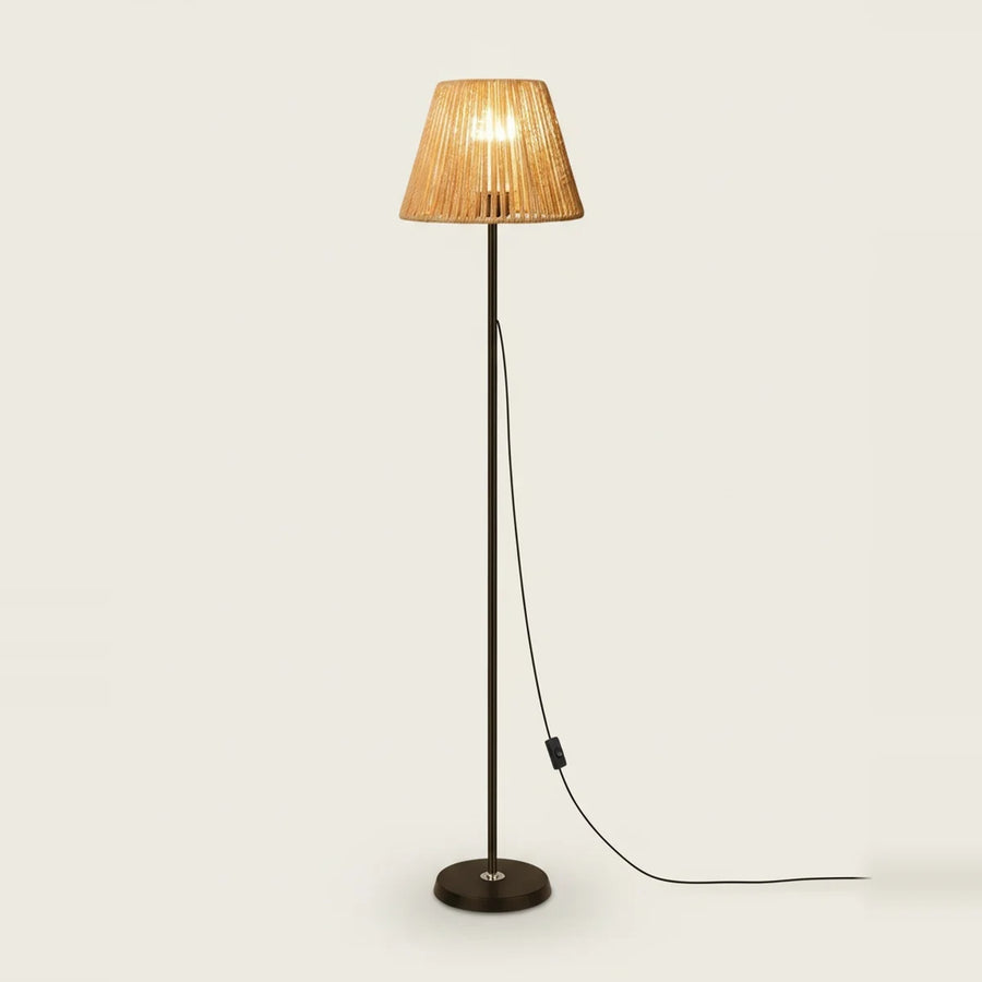 Rattan Floor Lamp with Hand-Woven Shade, Black Base, 55 in, on a light background