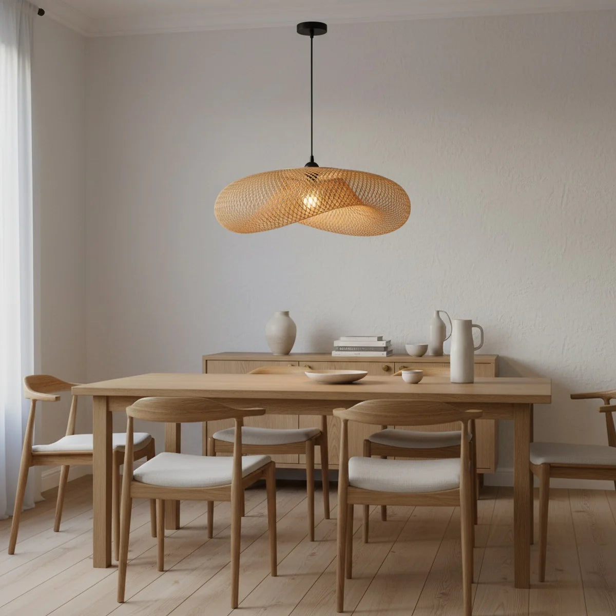 Hand-Woven Rattan Pendant Light, 16", Black Cord, styled above a dining table