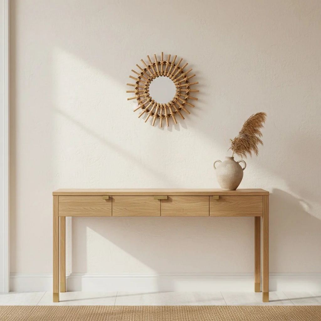 Handwoven Rattan Sun Mirror, styled in a bright interior