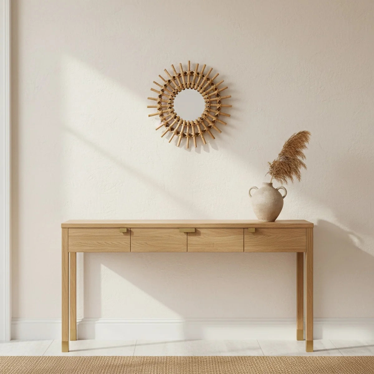 Handwoven Rattan Sun Mirror, styled in a bright interior