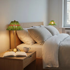 Rattan Table Lamp, Green, Rechargeable Touch LED, styled on a nightstand