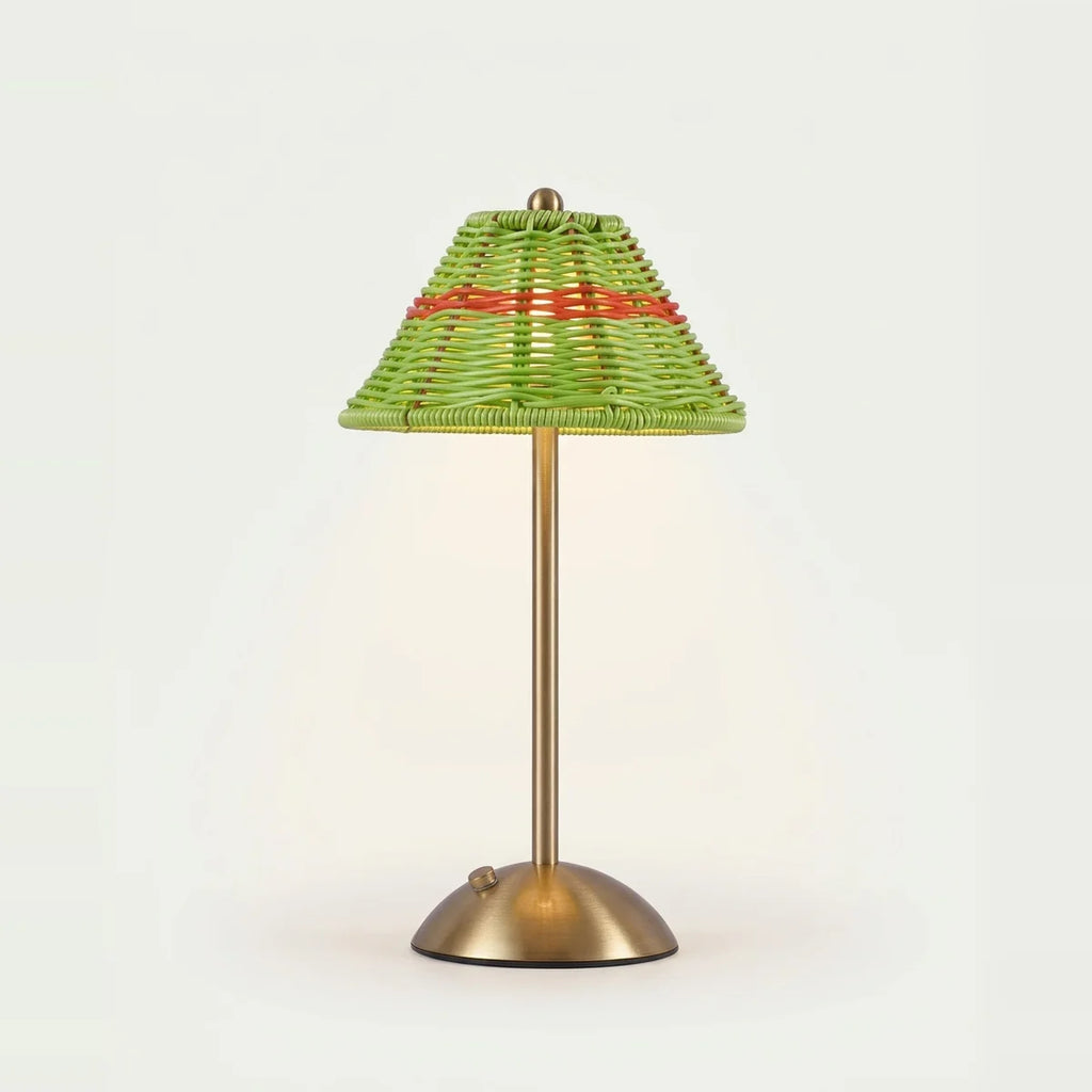 Rattan Table Lamp, Green, Rechargeable Touch LED, on a light background