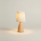Rechargeable Table Lamp, Wood-Look Base, Pleated Shade, on a light background