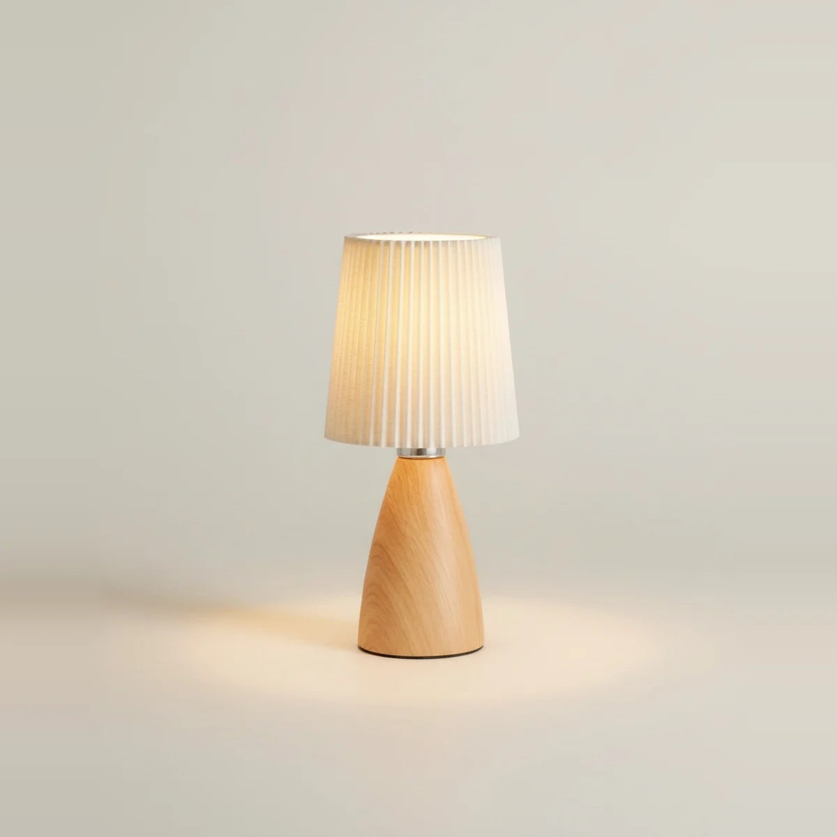Rechargeable Table Lamp, Wood-Look Base, Pleated Shade, on a light background