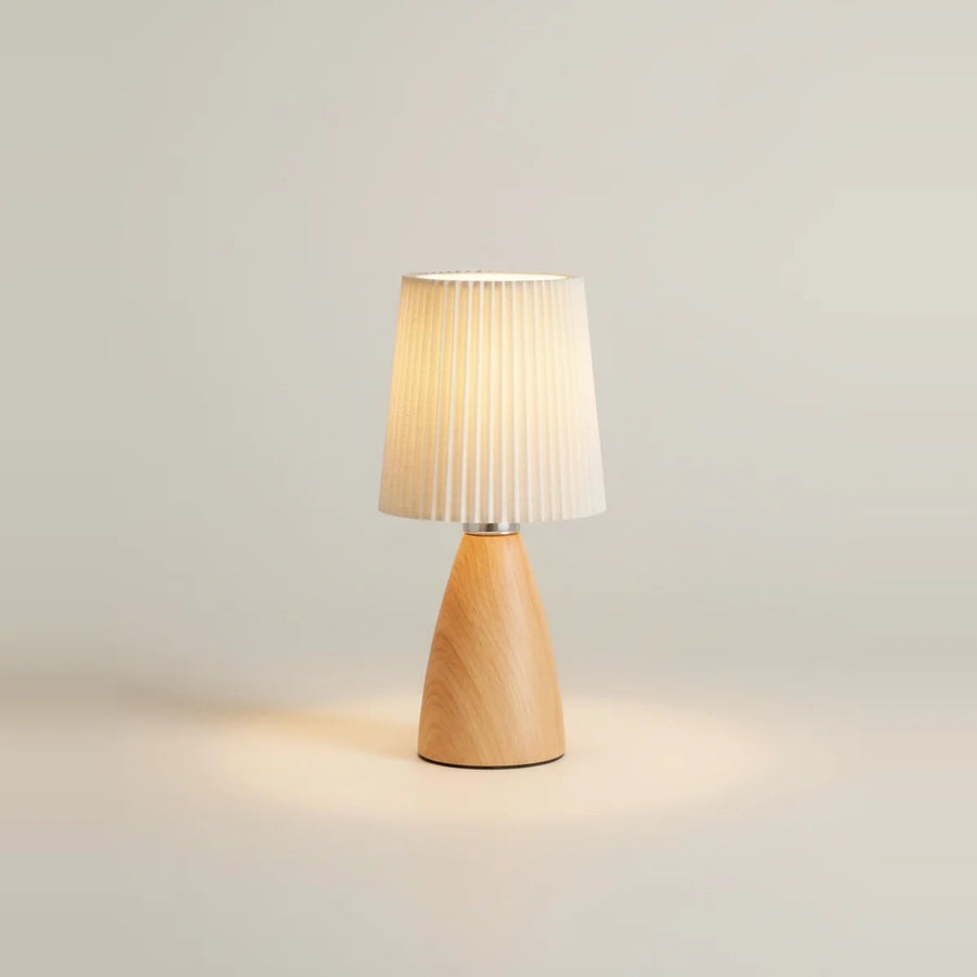 Rechargeable Table Lamp, Wood-Look Base, Pleated Shade, on a light background