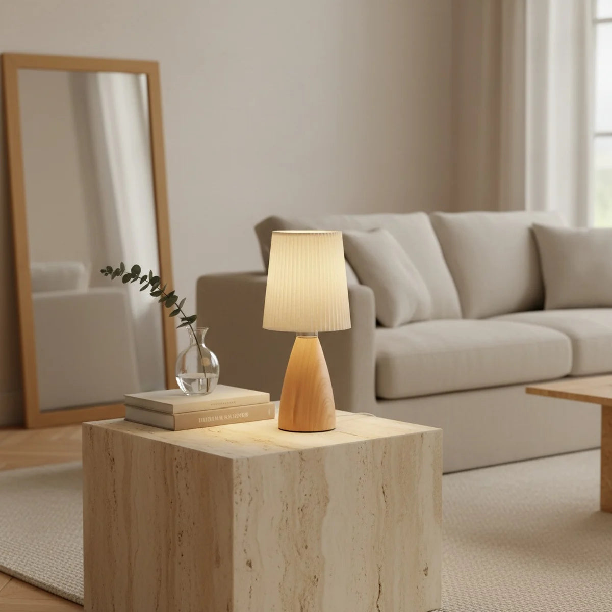 Rechargeable Table Lamp, Wood-Look Base, Pleated Shade, styled on a side table