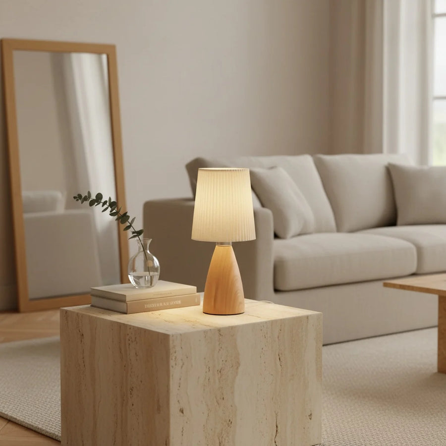 Rechargeable Table Lamp, Wood-Look Base, Pleated Shade, styled on a side table