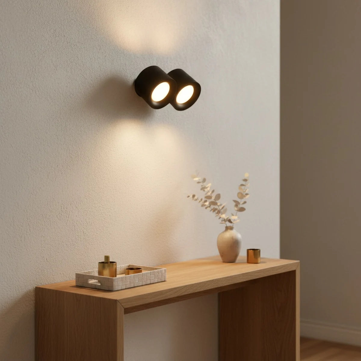 Rechargeable Wall Sconce, Double Swivel Head, Black, styled in a hallway