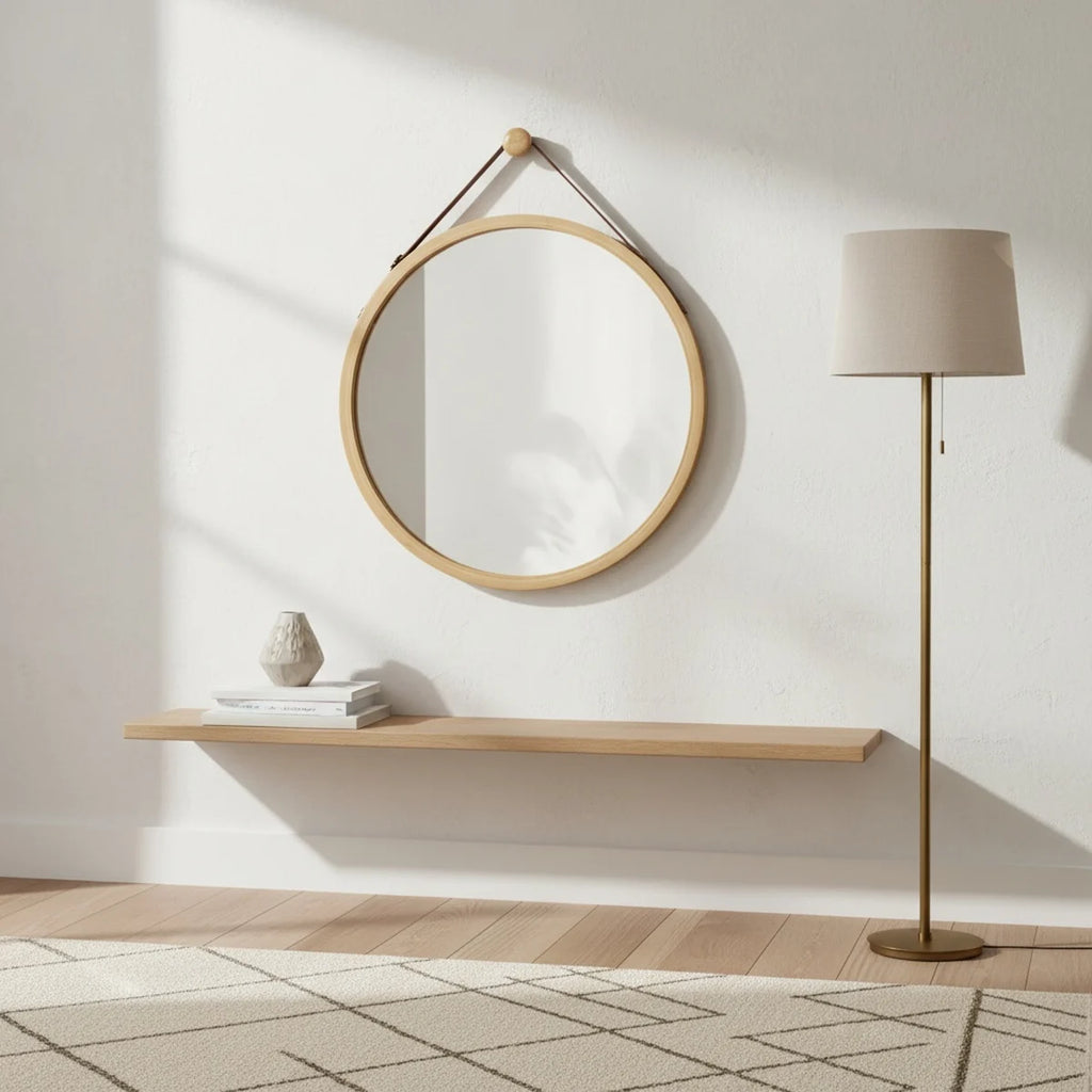 Round Bamboo Mirror with Hanging Strap, 18 in, styled in a bright interior