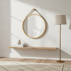 Round Bamboo Mirror with Hanging Strap, 18 in, styled in a bright interior