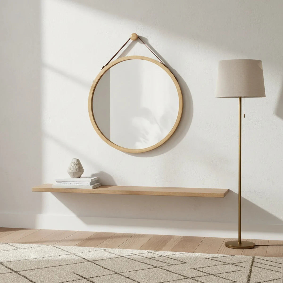 Round Bamboo Mirror with Hanging Strap, 18 in, styled in a bright interior