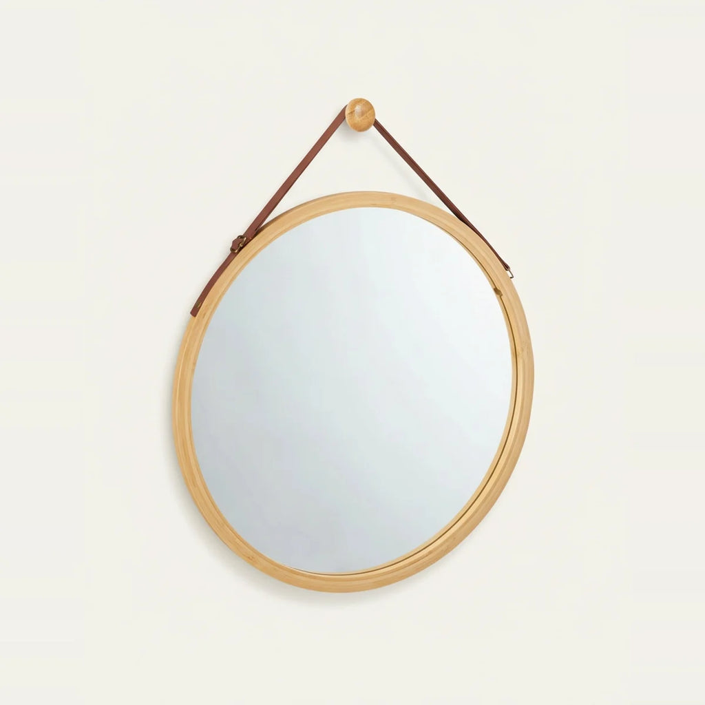 Round Bamboo Mirror with Hanging Strap, 18 in, on a light background