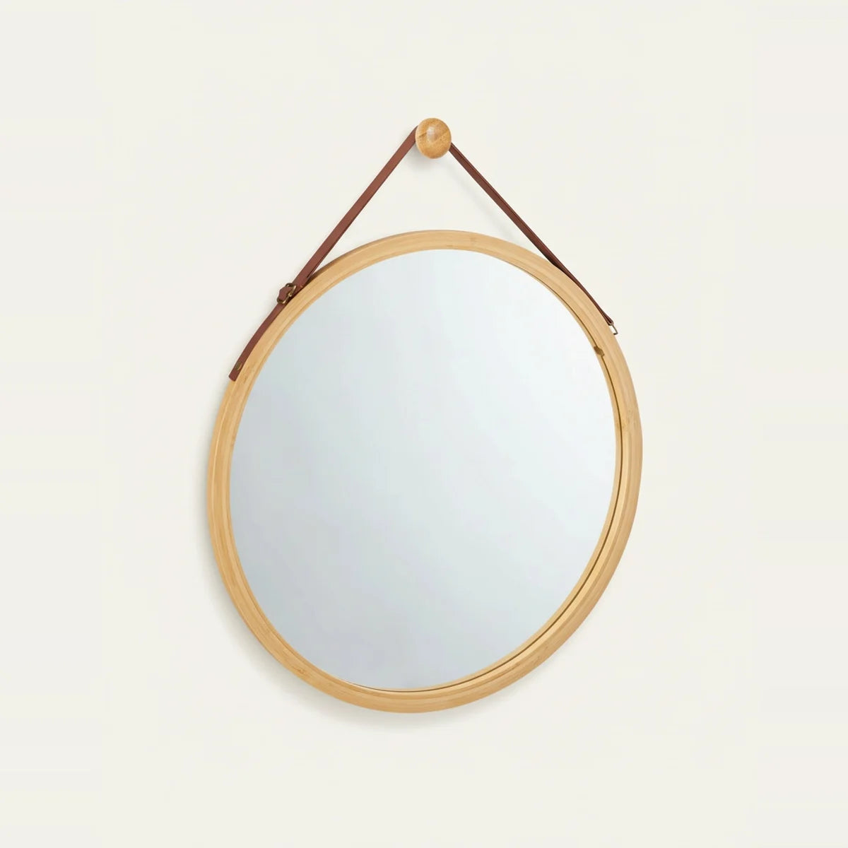 Round Bamboo Mirror with Hanging Strap, 18 in, on a light background