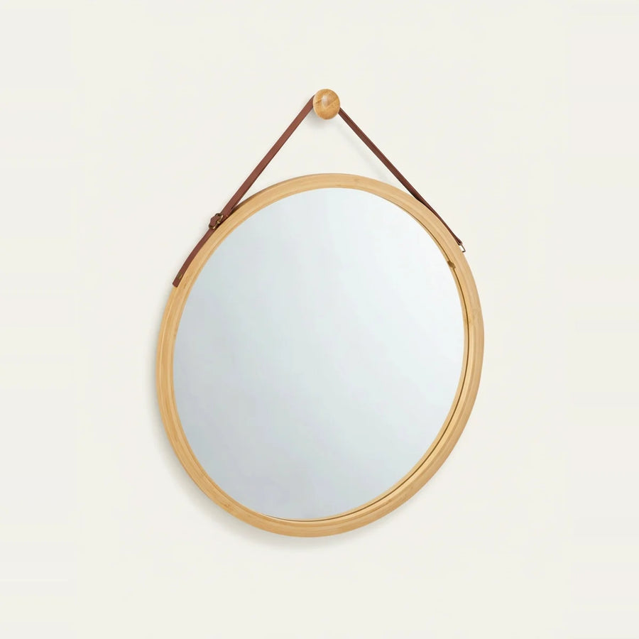 Round Bamboo Mirror with Hanging Strap, 18 in, on a light background