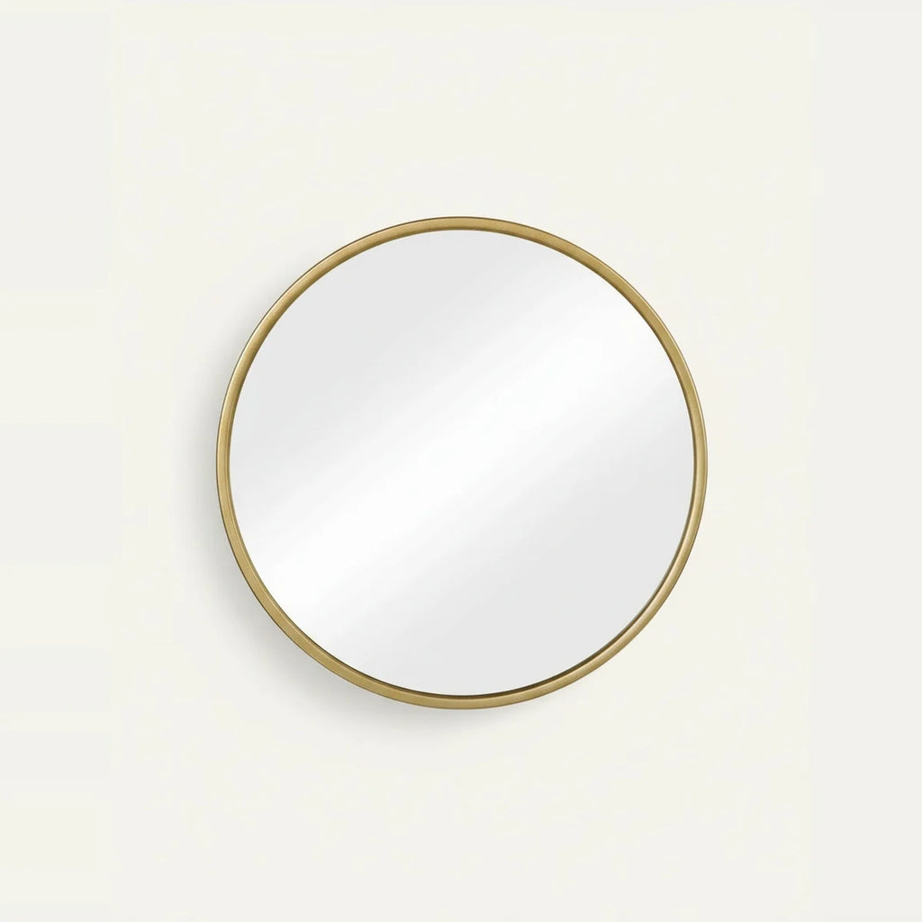 Round Gold Mirror, Thin Metal Frame, 16 to 24 in – Ø 16 in (40 cm), on a light background