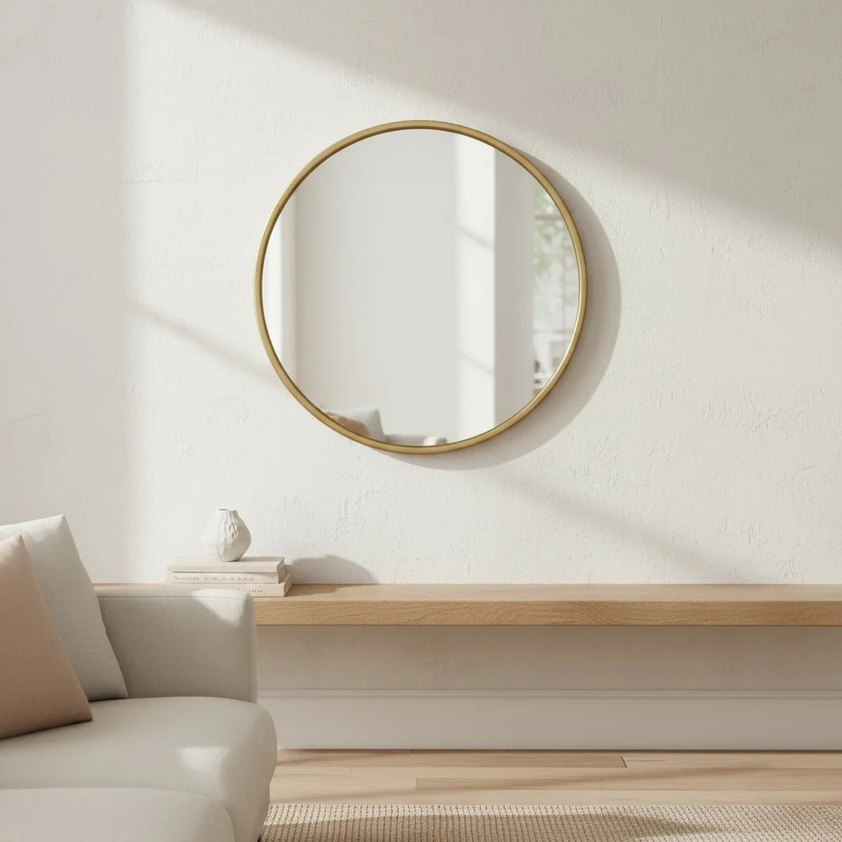 Round Gold Mirror, Thin Metal Frame, 16 to 24 in, styled in a bright interior