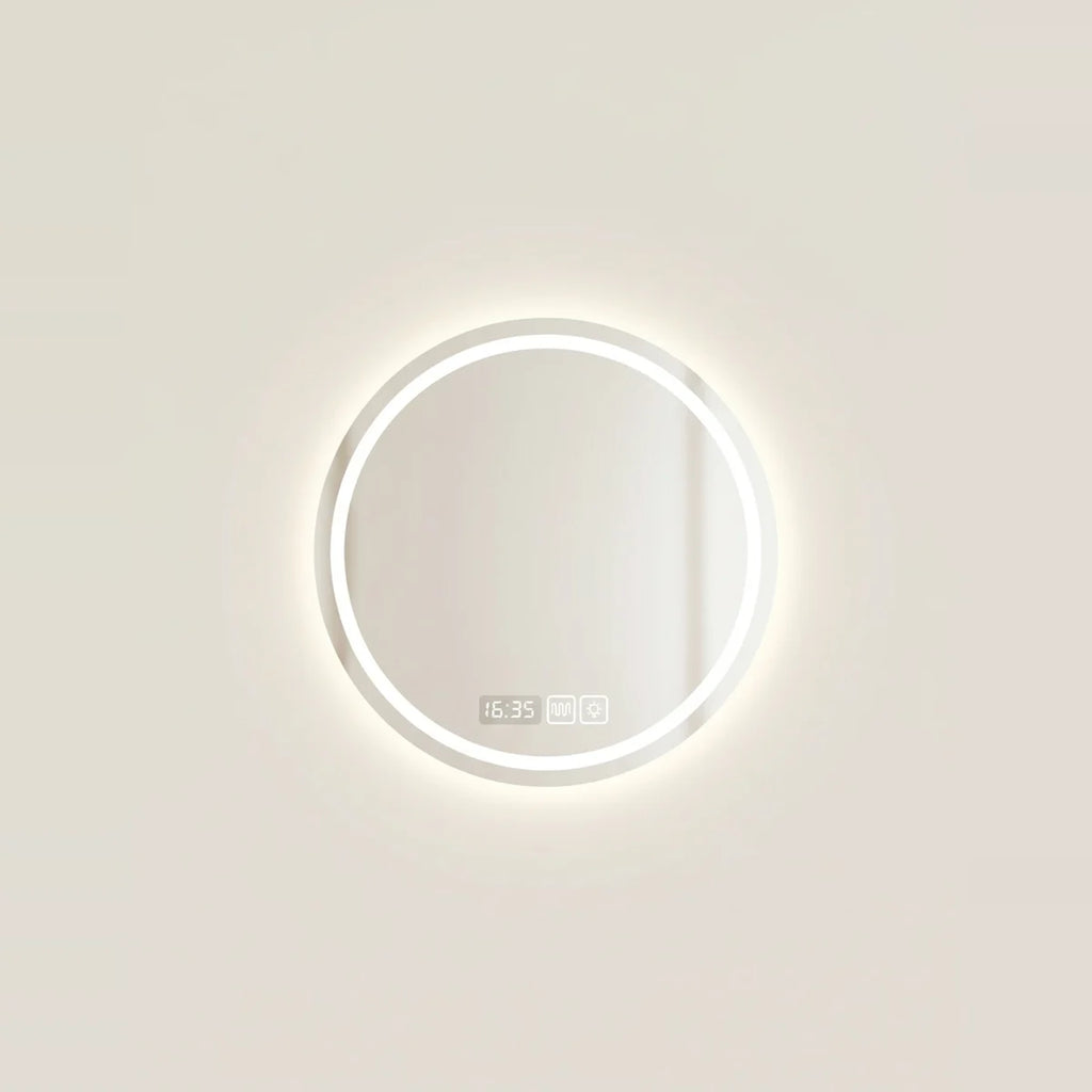 Round LED Mirror, Backlit, Anti-Fog with Clock – Ø 20 in (50 cm), on a light background