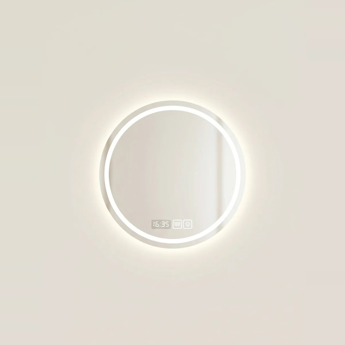 Round LED Mirror, Backlit, Anti-Fog with Clock – Ø 20 in (50 cm), on a light background